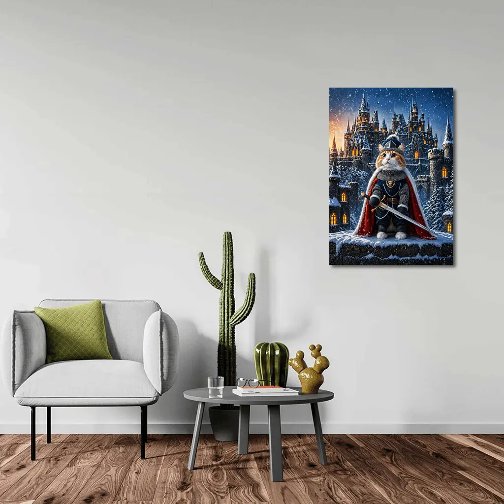 Knight Cat in Armor at Snowy Castle – Wall Art