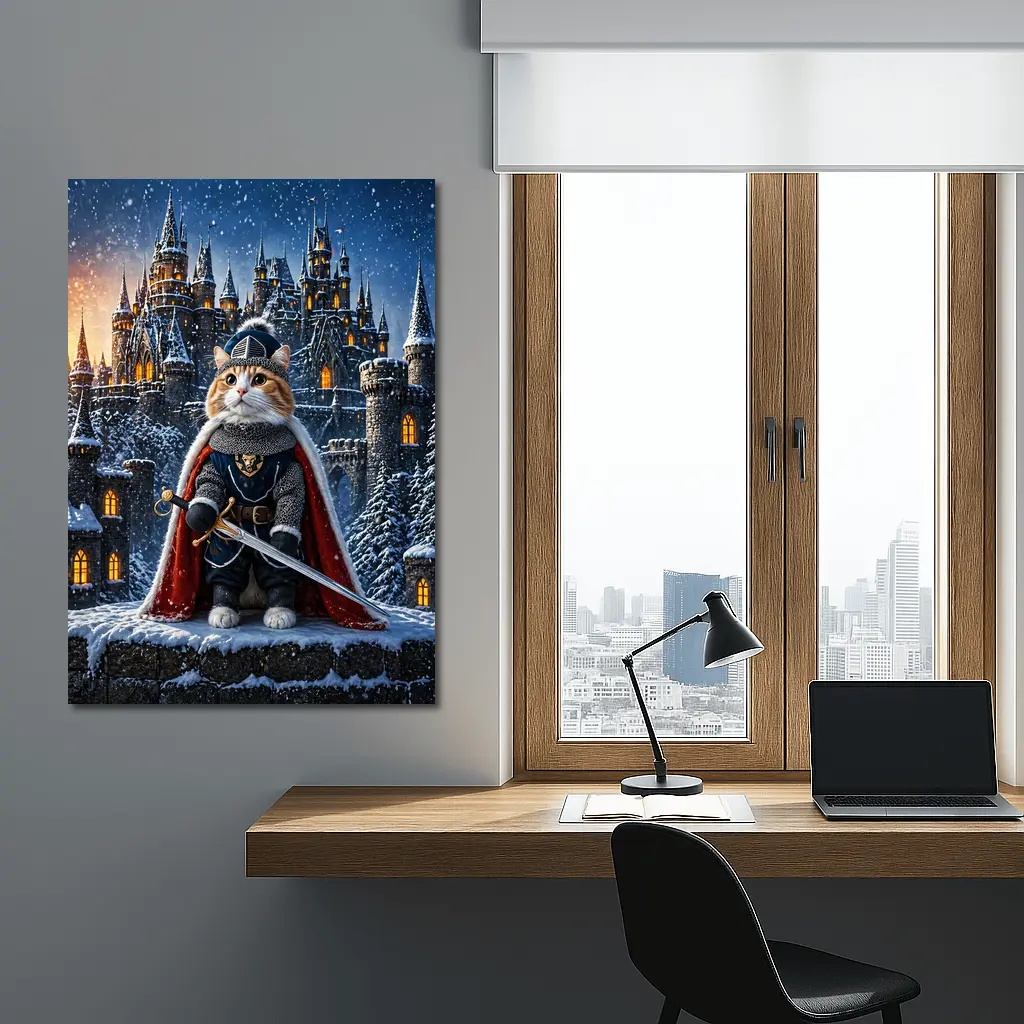 Knight Cat in Armor at Snowy Castle – Wall Art
