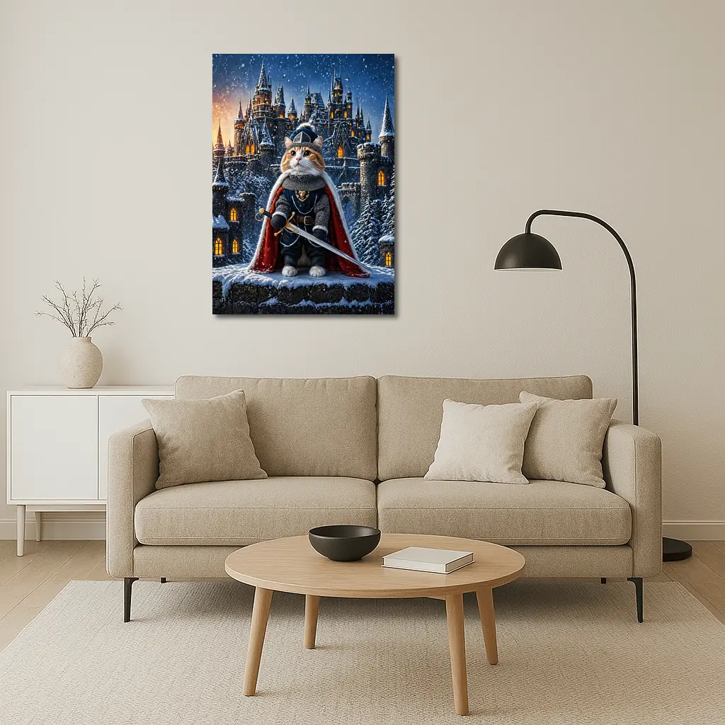 Knight Cat in Armor at Snowy Castle – Wall Art