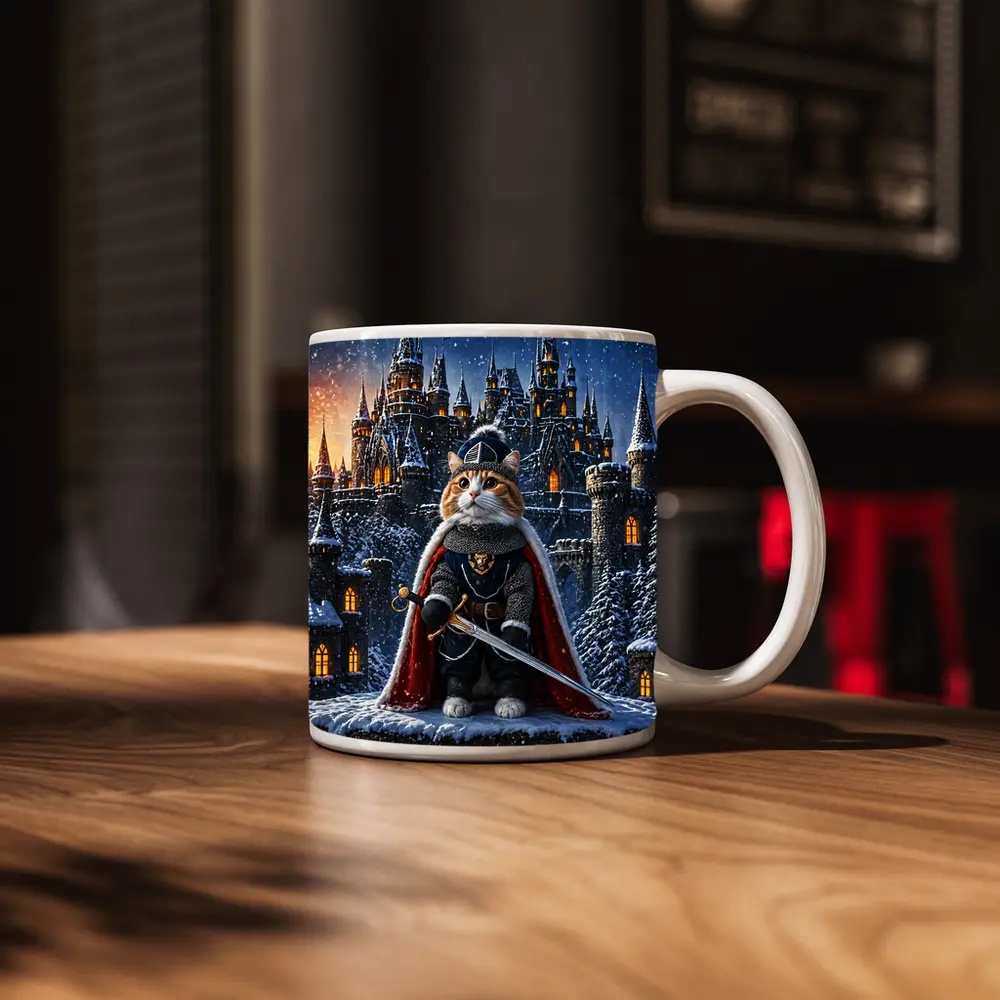 Knight Cat in Armor at Snowy Castle – Mugs