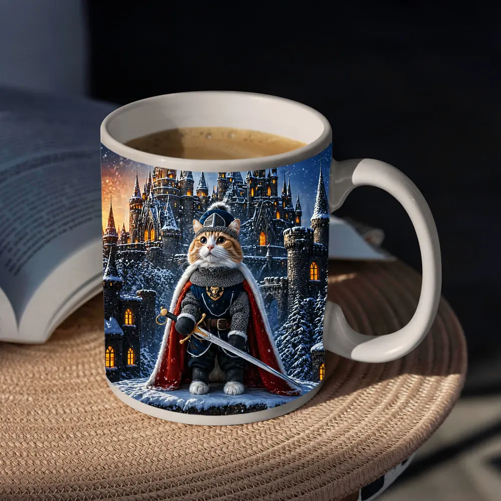 Knight Cat in Armor at Snowy Castle – Mugs