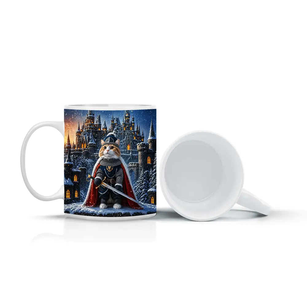 Knight Cat in Armor at Snowy Castle – Mugs