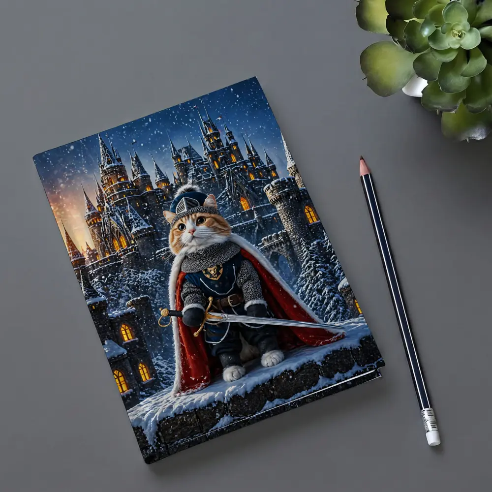 Knight Cat in Armor at Snowy Castle – Notebooks