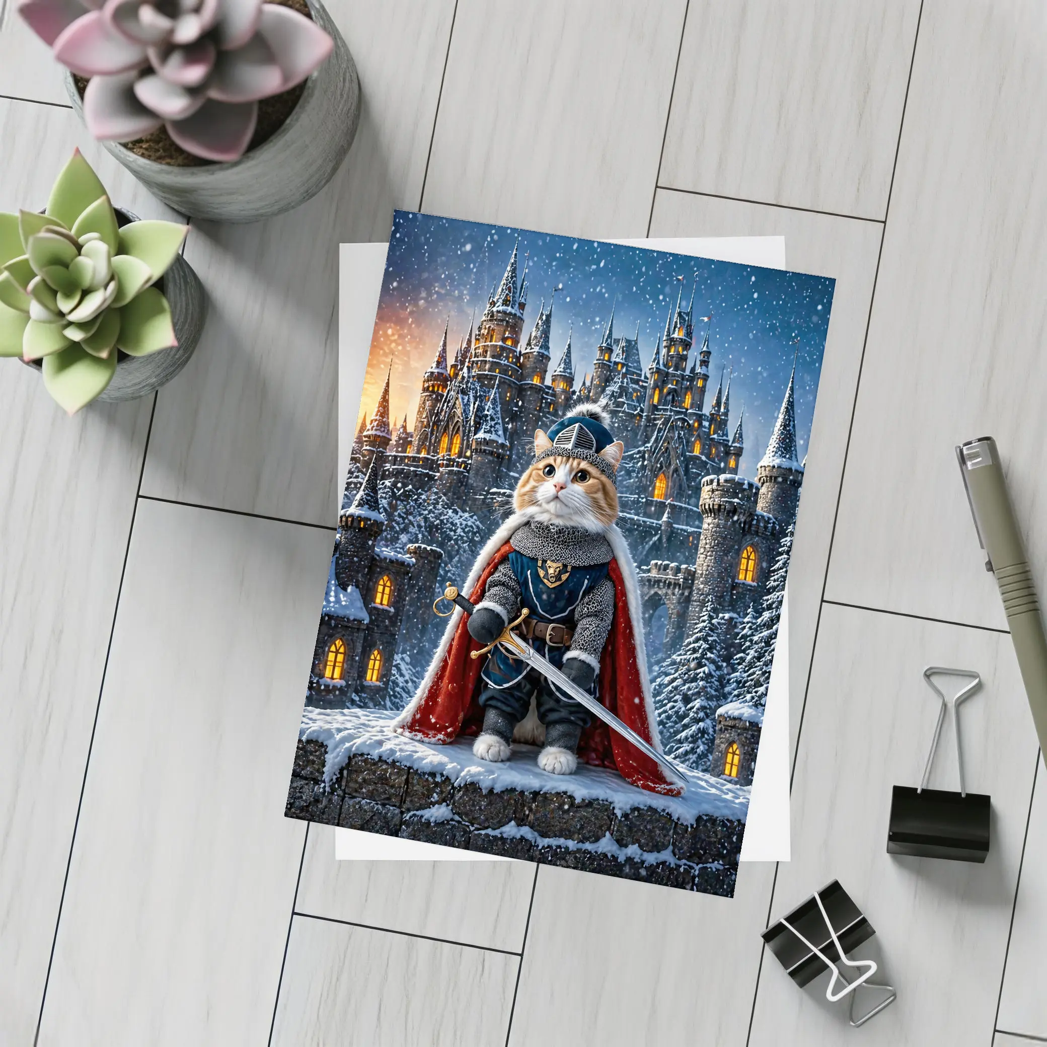 Knight Cat in Armor at Snowy Castle – Postcards