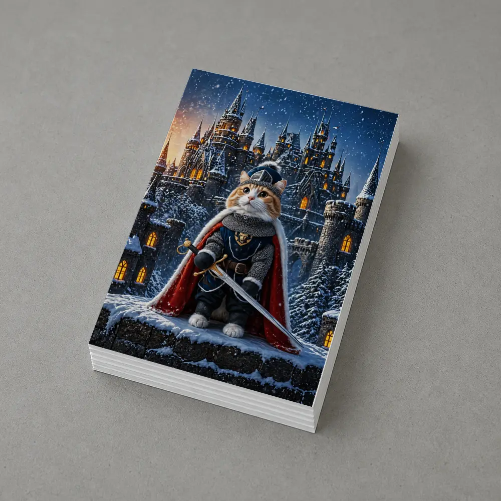 Knight Cat in Armor at Snowy Castle – Postcards