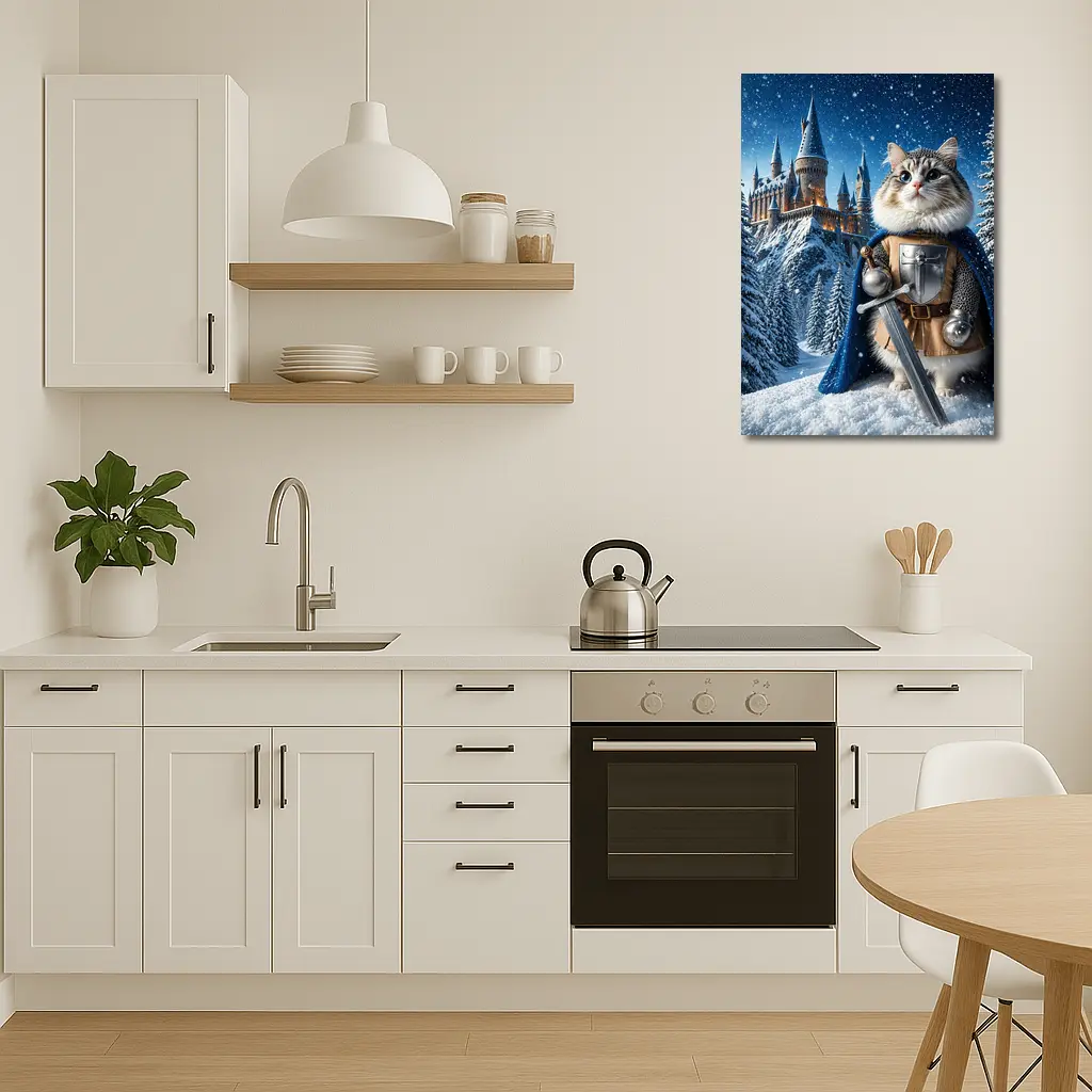 Cat Knight in Armor at Snowy Castle – Wall Art