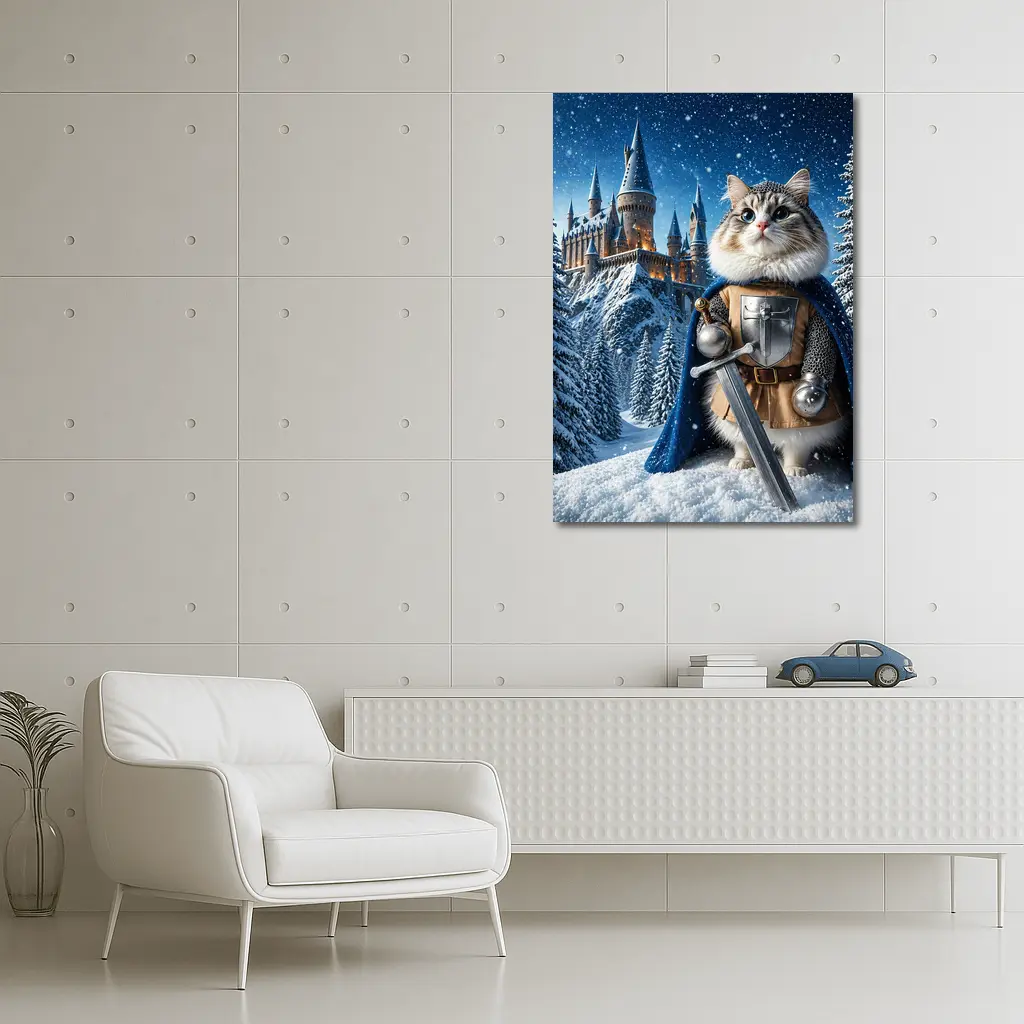 Cat Knight in Armor at Snowy Castle – Wall Art