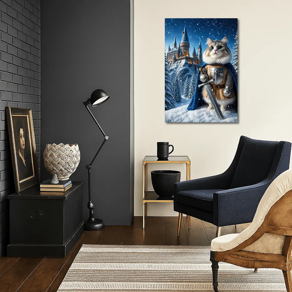 Cat Knight in Armor at Snowy Castle – Wall Art