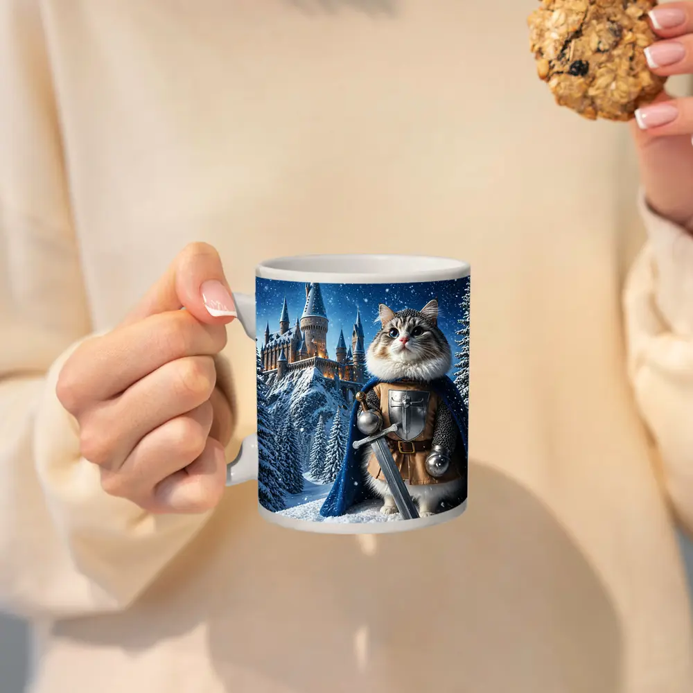 Cat Knight in Armor at Snowy Castle – Mugs