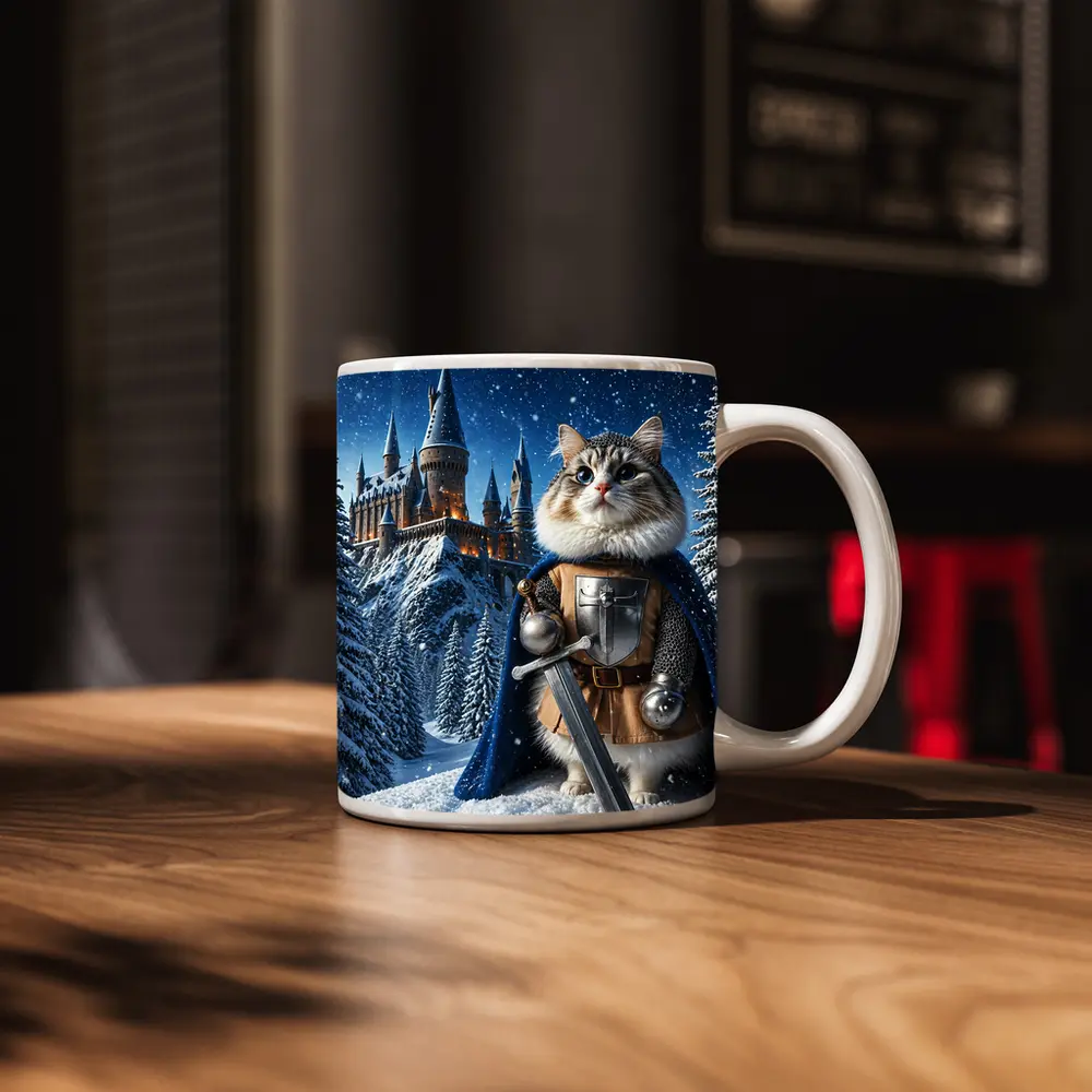 Cat Knight in Armor at Snowy Castle – Mugs