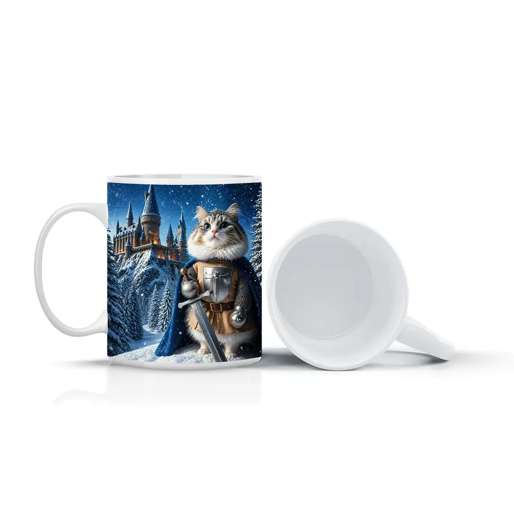 Cat Knight in Armor at Snowy Castle – Mugs