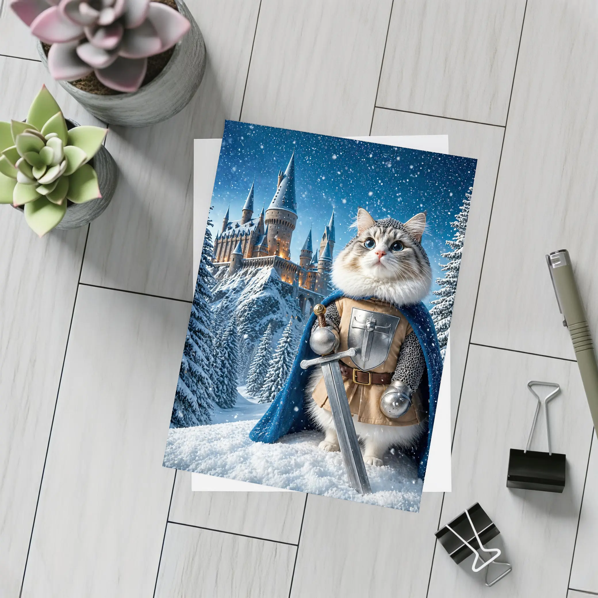 Cat Knight in Armor at Snowy Castle – Postcards