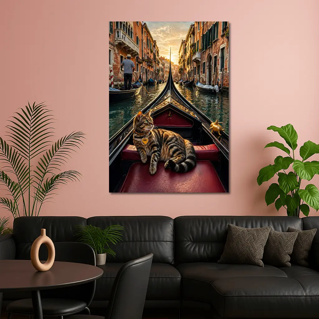Tabby Cat Relaxing On Venice Gondola Canal – Wall Art