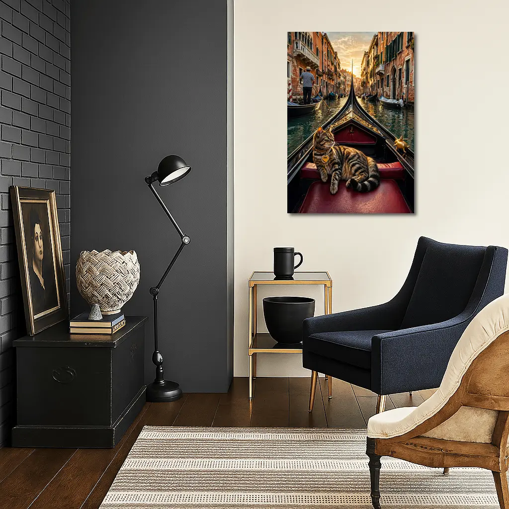Tabby Cat Relaxing On Venice Gondola Canal – Wall Art