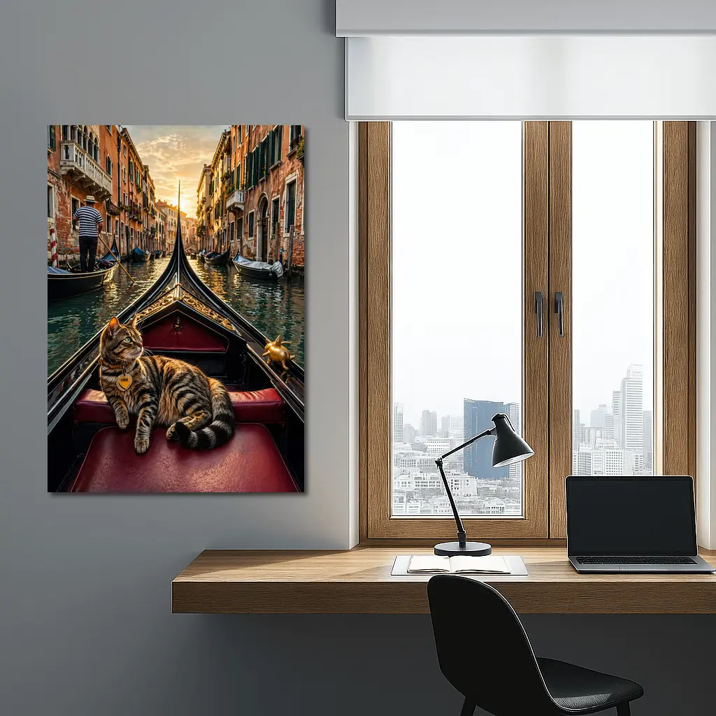 Tabby Cat Relaxing On Venice Gondola Canal – Wall Art