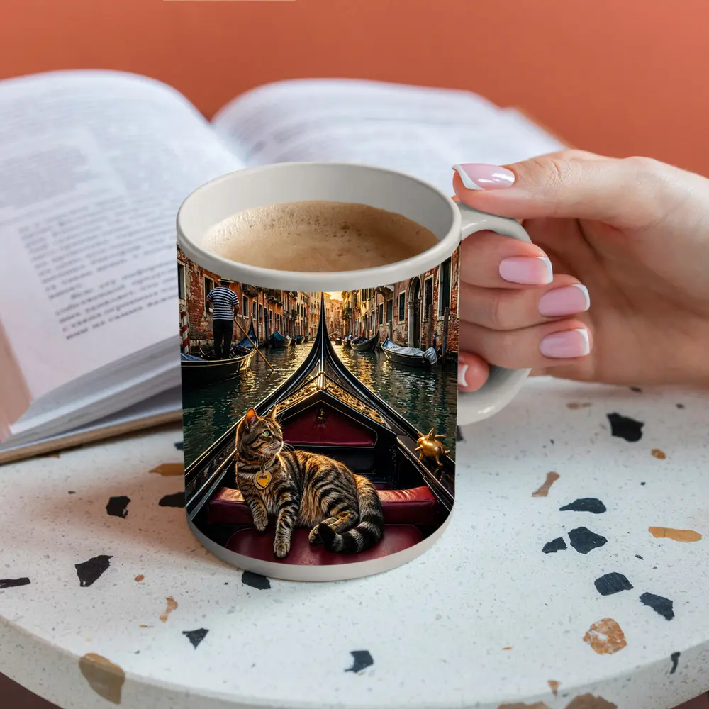Tabby Cat Relaxing On Venice Gondola Canal – Mugs