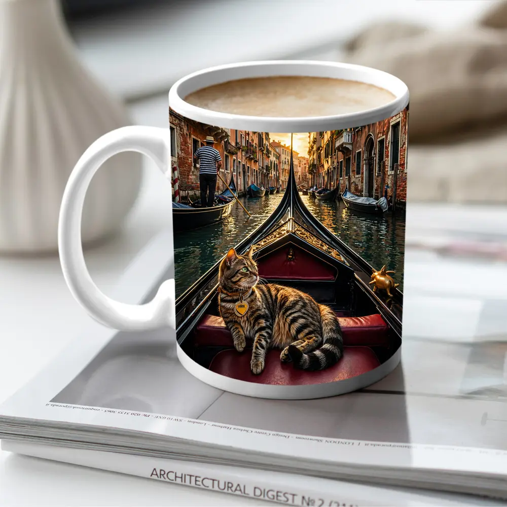 Tabby Cat Relaxing On Venice Gondola Canal – Mugs
