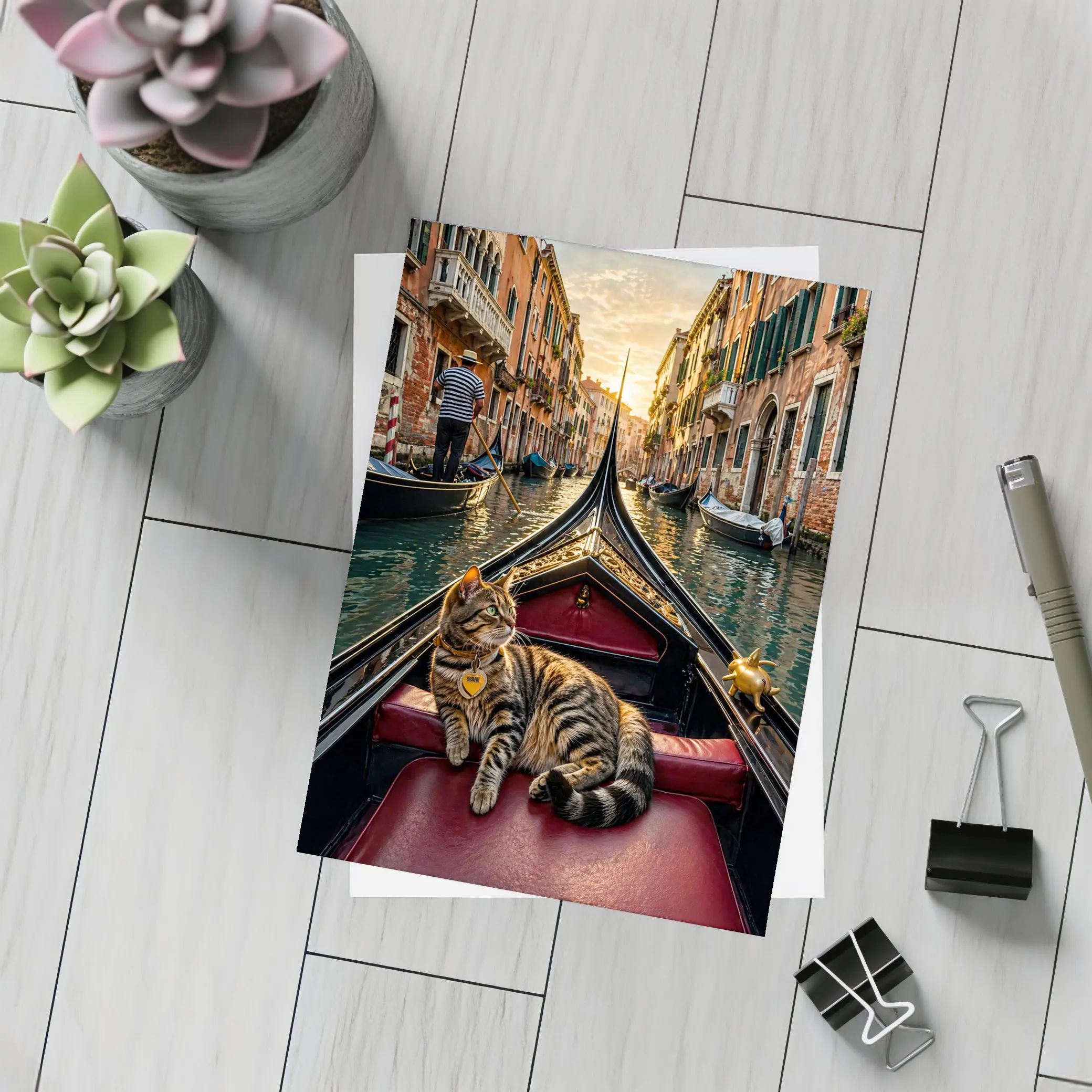 Tabby Cat Relaxing On Venice Gondola Canal – Postcards