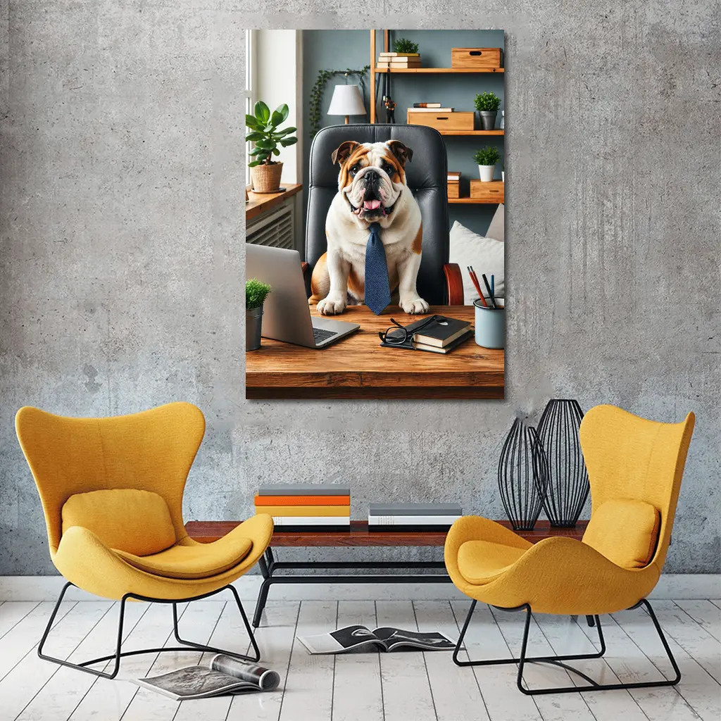 English Bulldog Boss Sitting Office Desk – Wall Art
