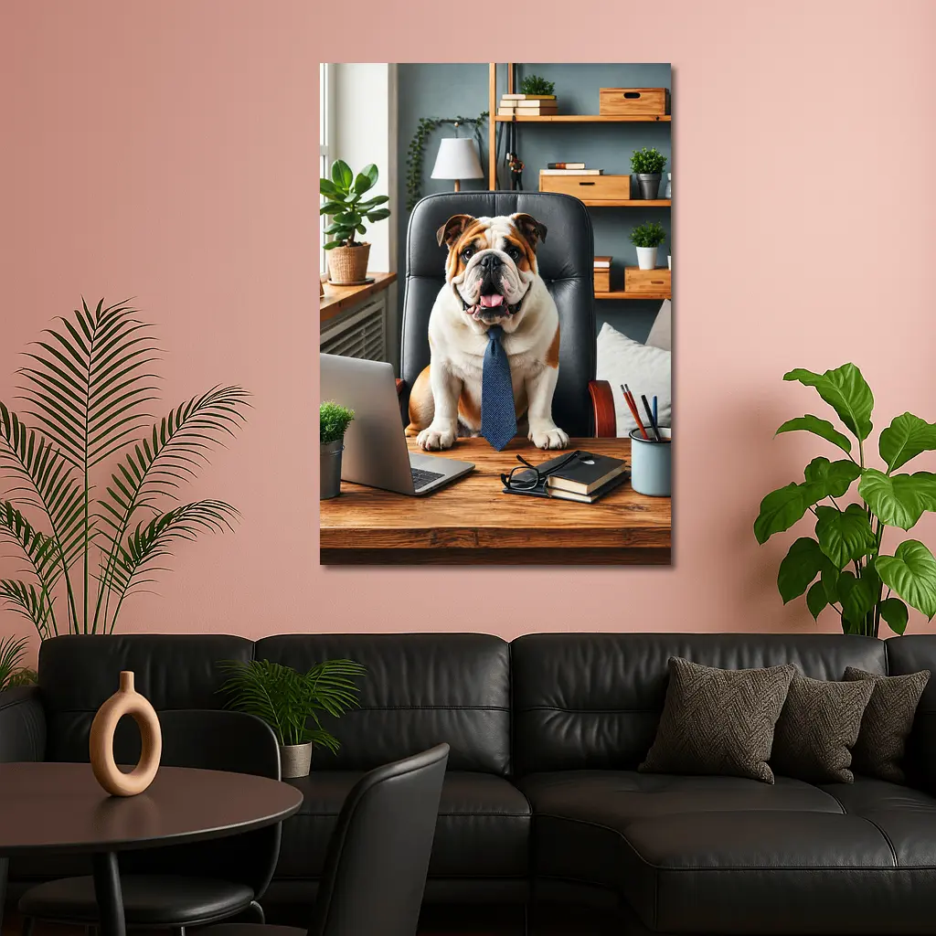 English Bulldog Boss Sitting Office Desk – Wall Art