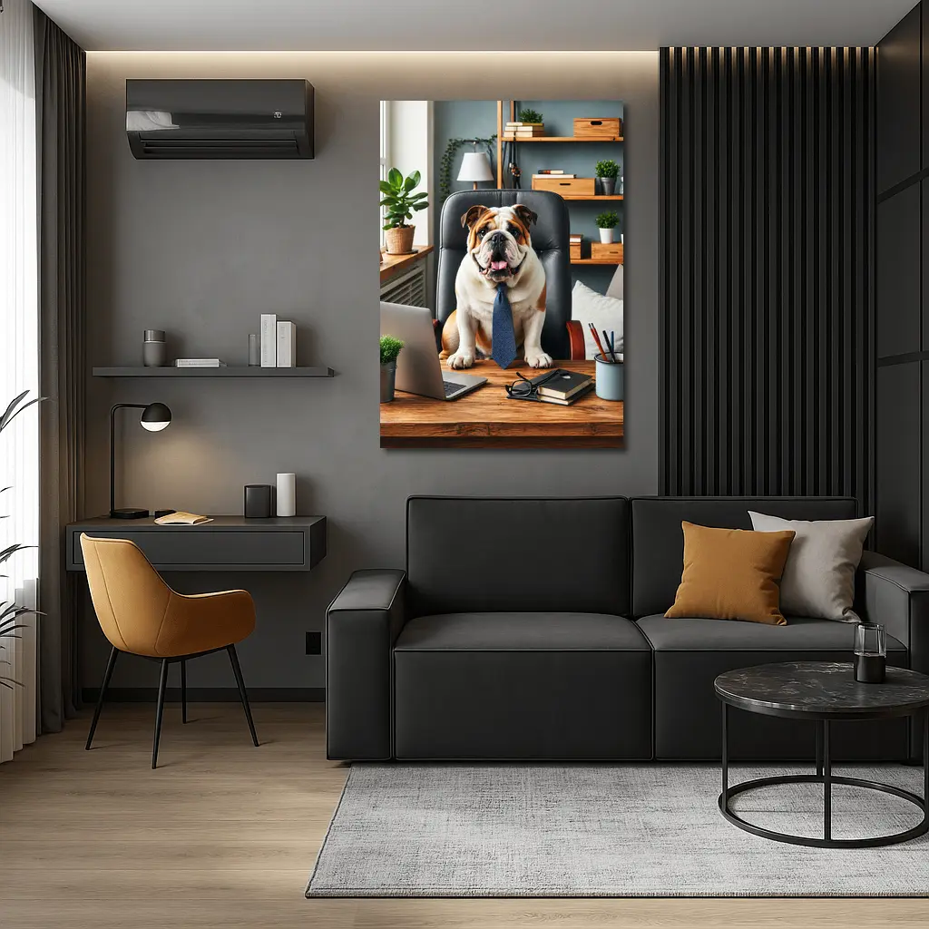 English Bulldog Boss Sitting Office Desk – Wall Art