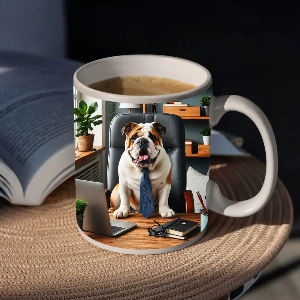 English Bulldog Boss Sitting Office Desk – Mugs