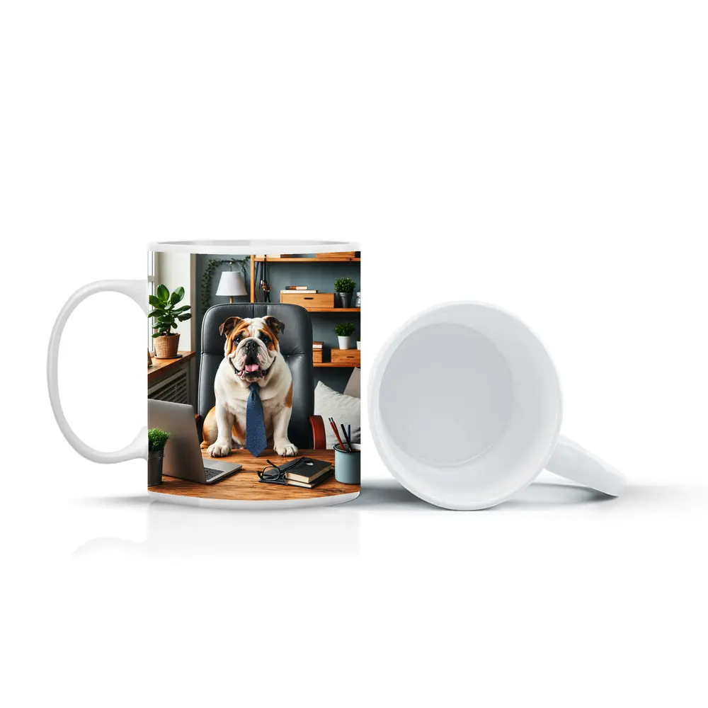 English Bulldog Boss Sitting Office Desk – Mugs