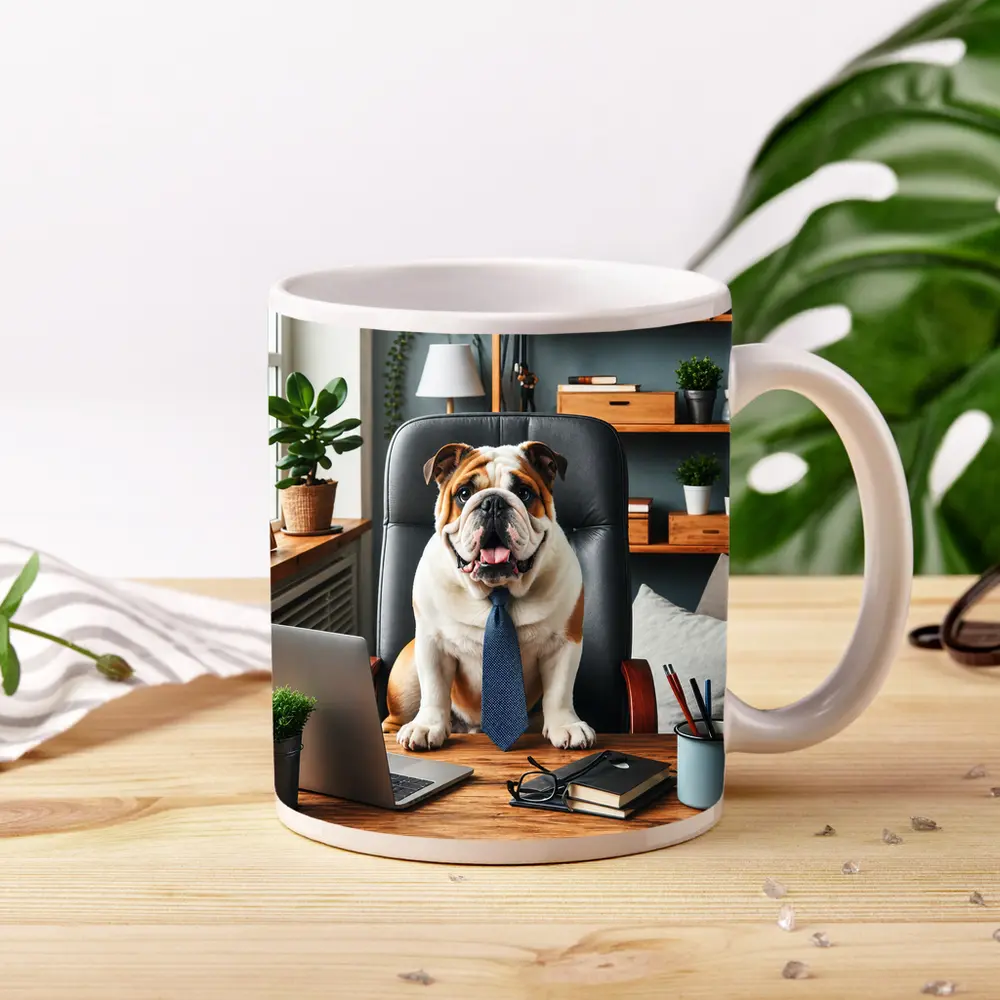 English Bulldog Boss Sitting Office Desk – Mugs
