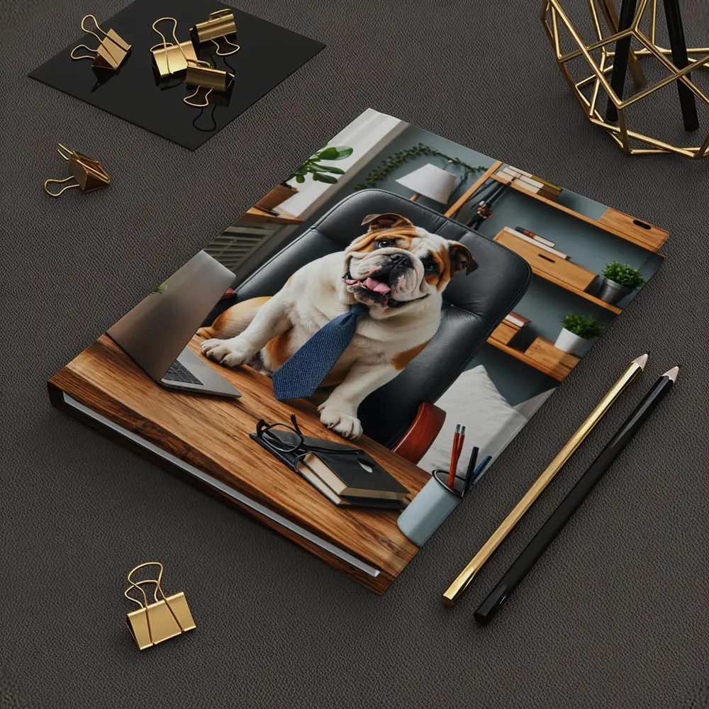 English Bulldog Boss Sitting Office Desk – Notebooks