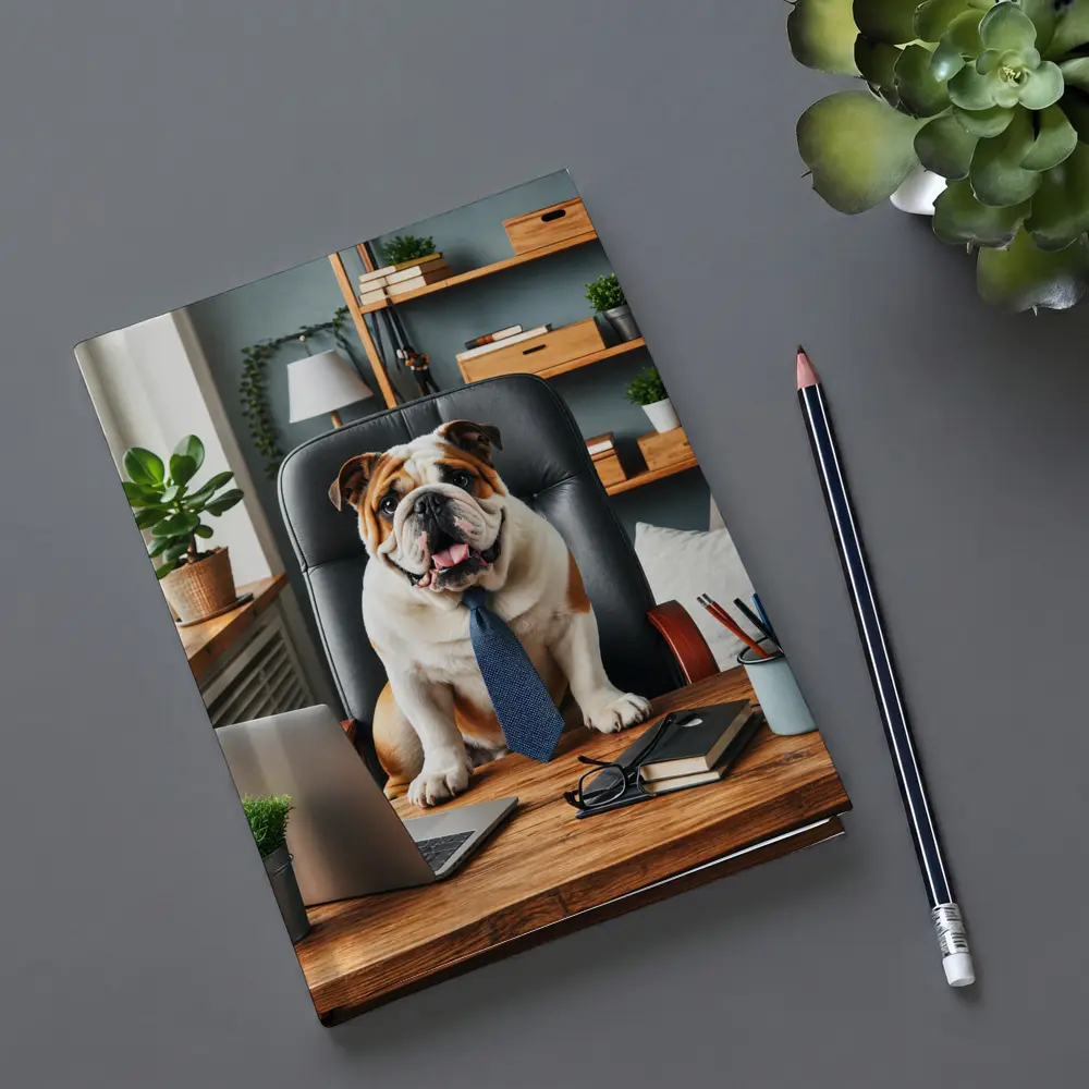 English Bulldog Boss Sitting Office Desk – Notebooks