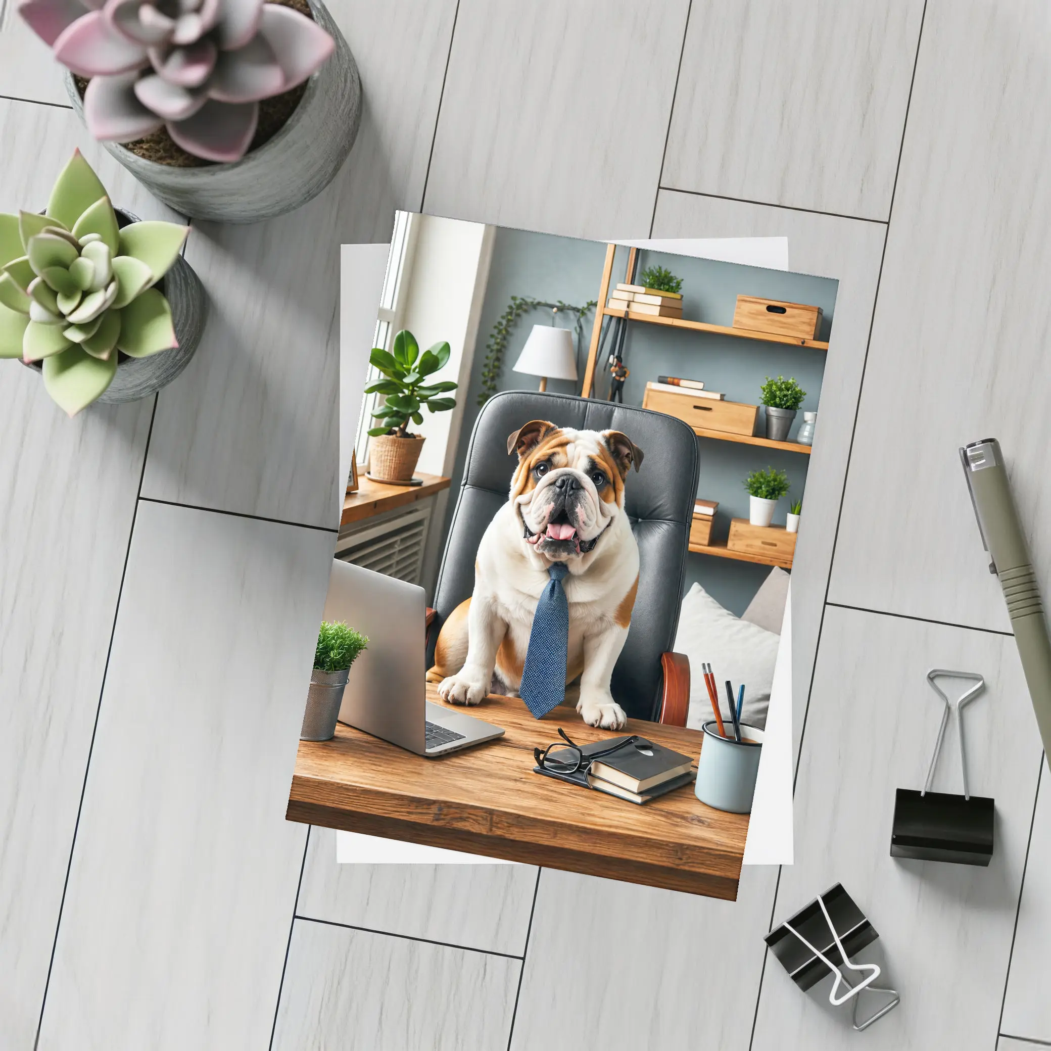 English Bulldog Boss Sitting Office Desk – Postcards