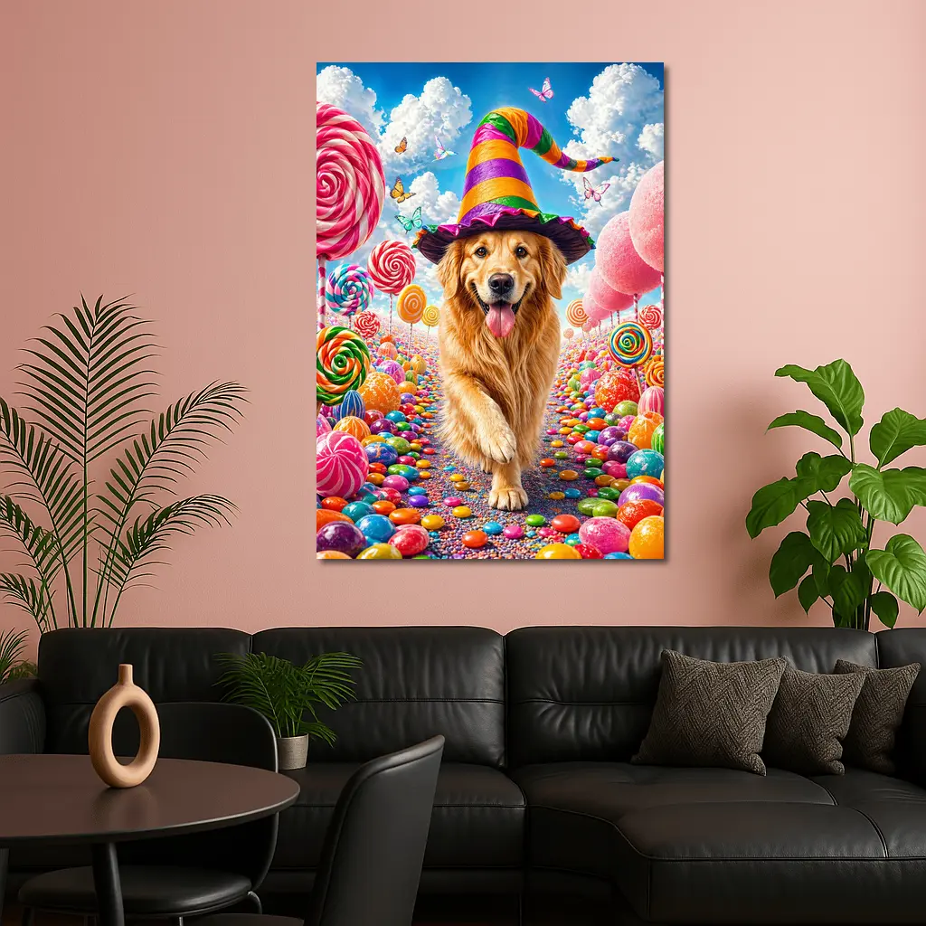 Golden Retriever Witch Hat Candy Land Fantasy – Wall Art