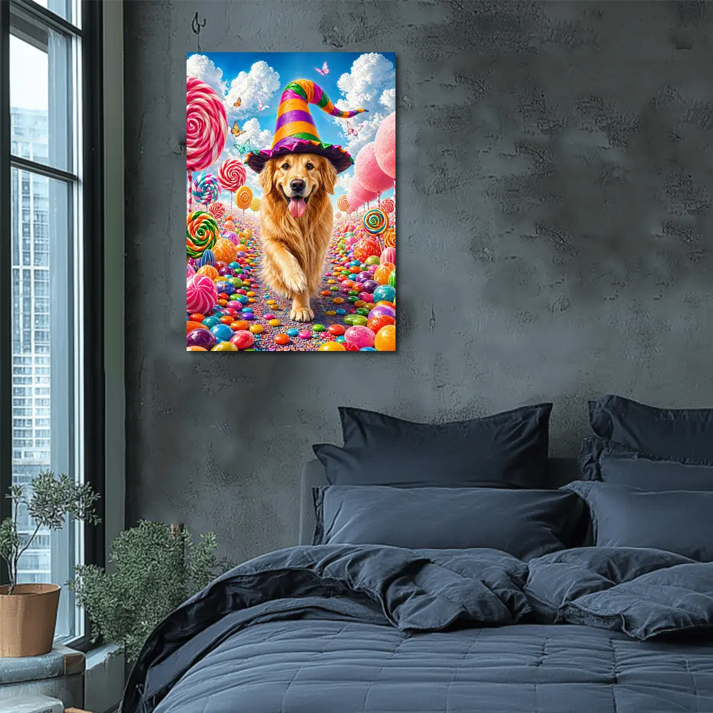 Golden Retriever Witch Hat Candy Land Fantasy – Wall Art