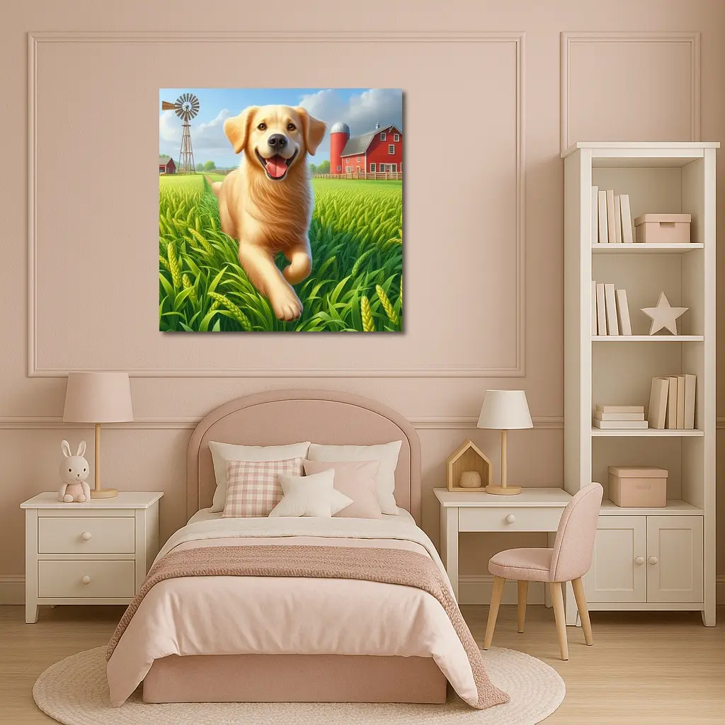 Golden Retriever Running on Green Farm – Wall Art