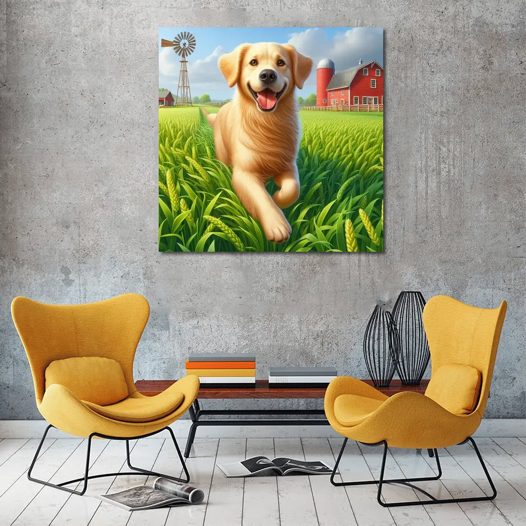 Golden Retriever Running on Green Farm – Wall Art