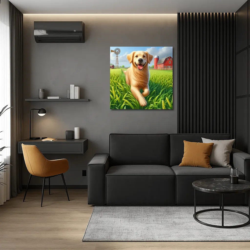 Golden Retriever Running on Green Farm – Wall Art