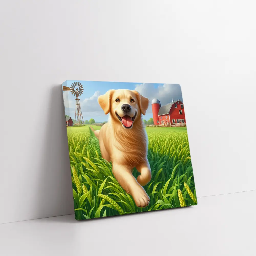 Golden Retriever Running on Green Farm – Wall Art
