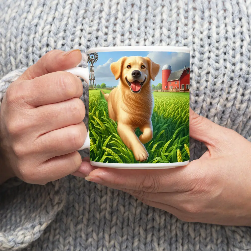 Golden Retriever Running on Green Farm – Mugs
