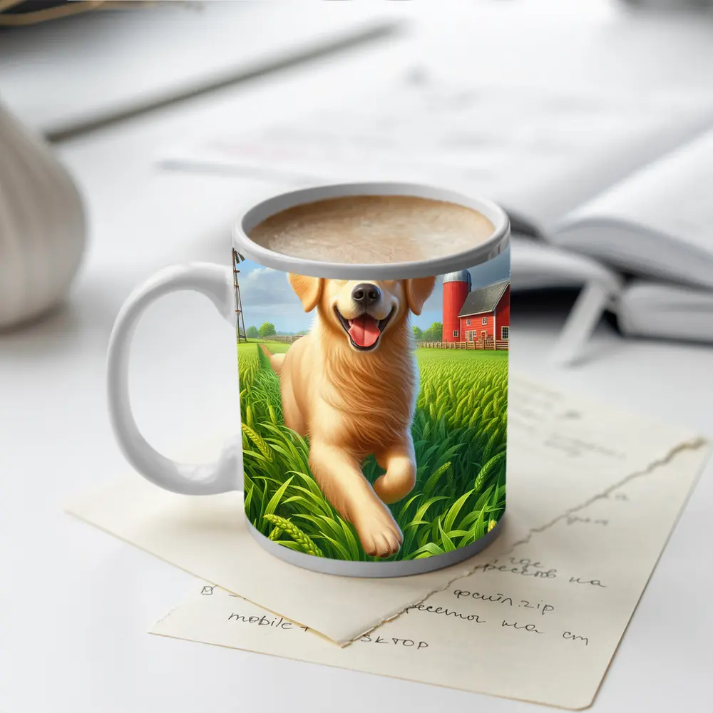 Golden Retriever Running on Green Farm – Mugs