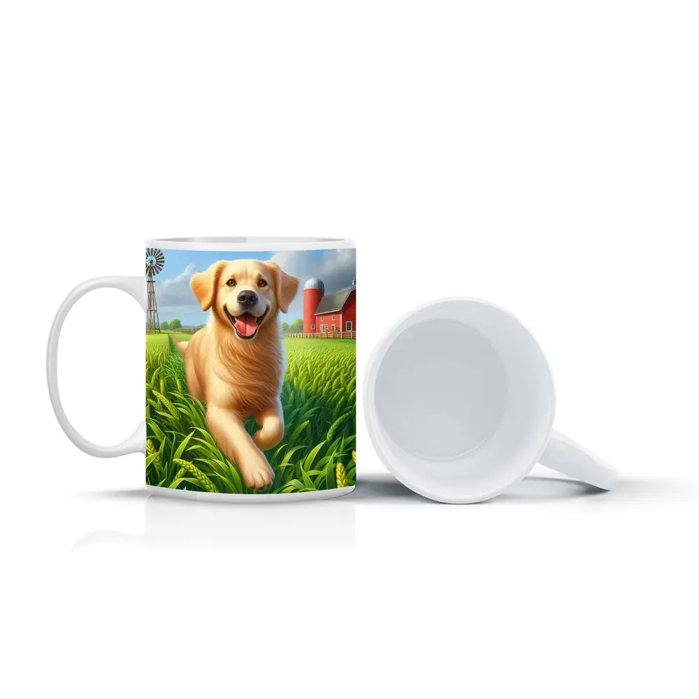 Golden Retriever Running on Green Farm – Mugs