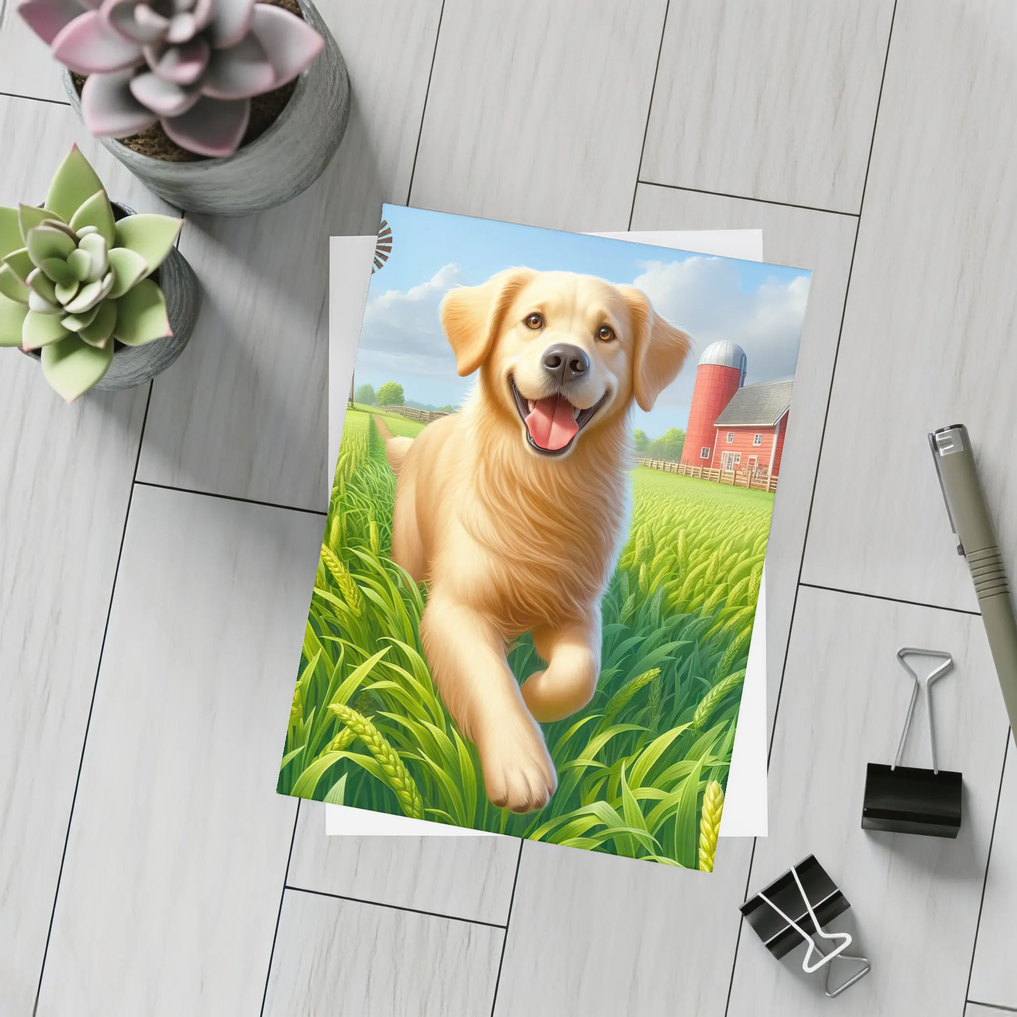 Golden Retriever Running on Green Farm – Postcards