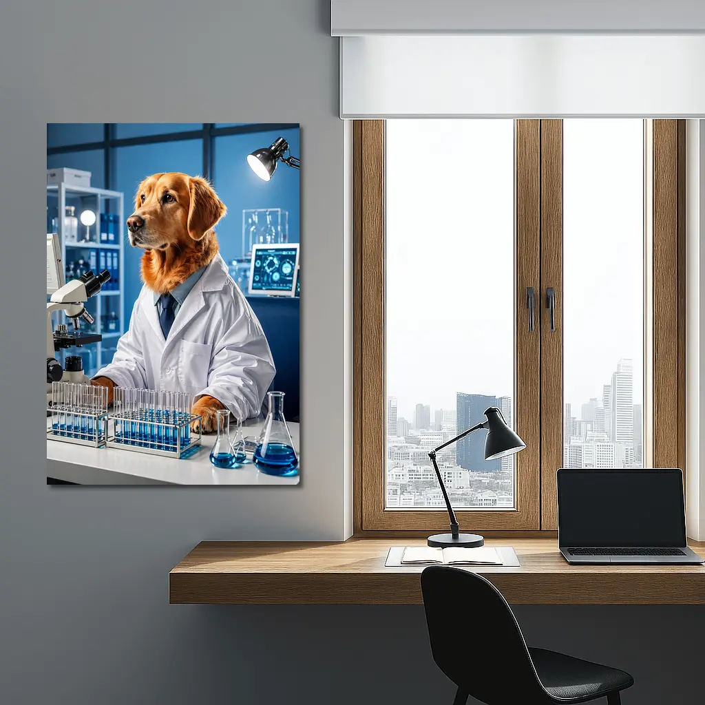 Golden Retriever Scientist In Blue Laboratory – Wall Art