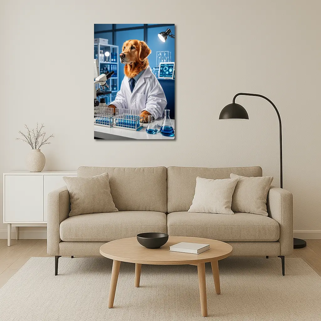 Golden Retriever Scientist In Blue Laboratory – Wall Art