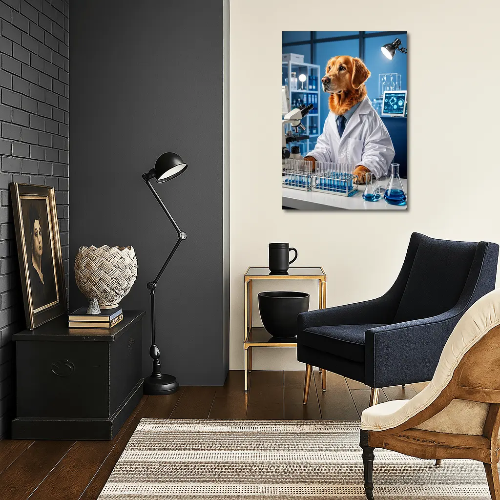 Golden Retriever Scientist In Blue Laboratory – Wall Art