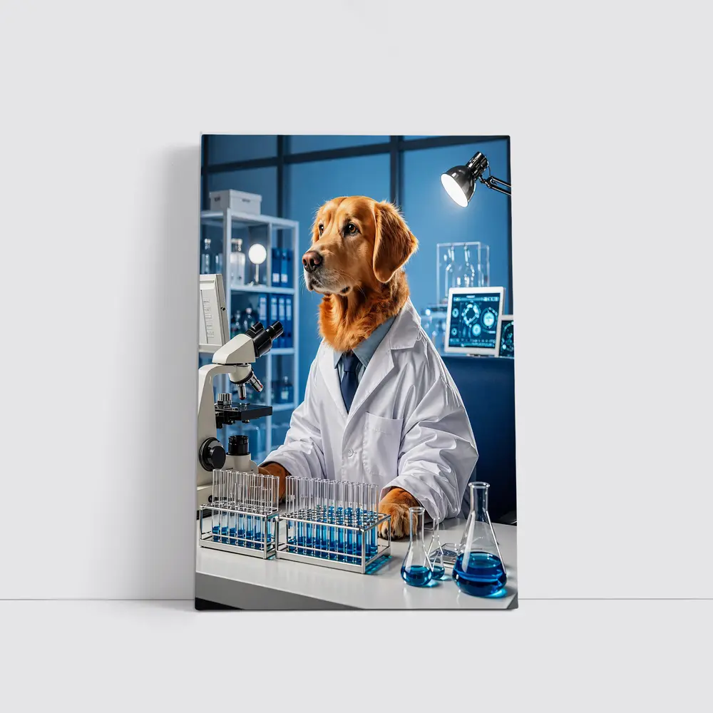 Golden Retriever Scientist In Blue Laboratory – Wall Art