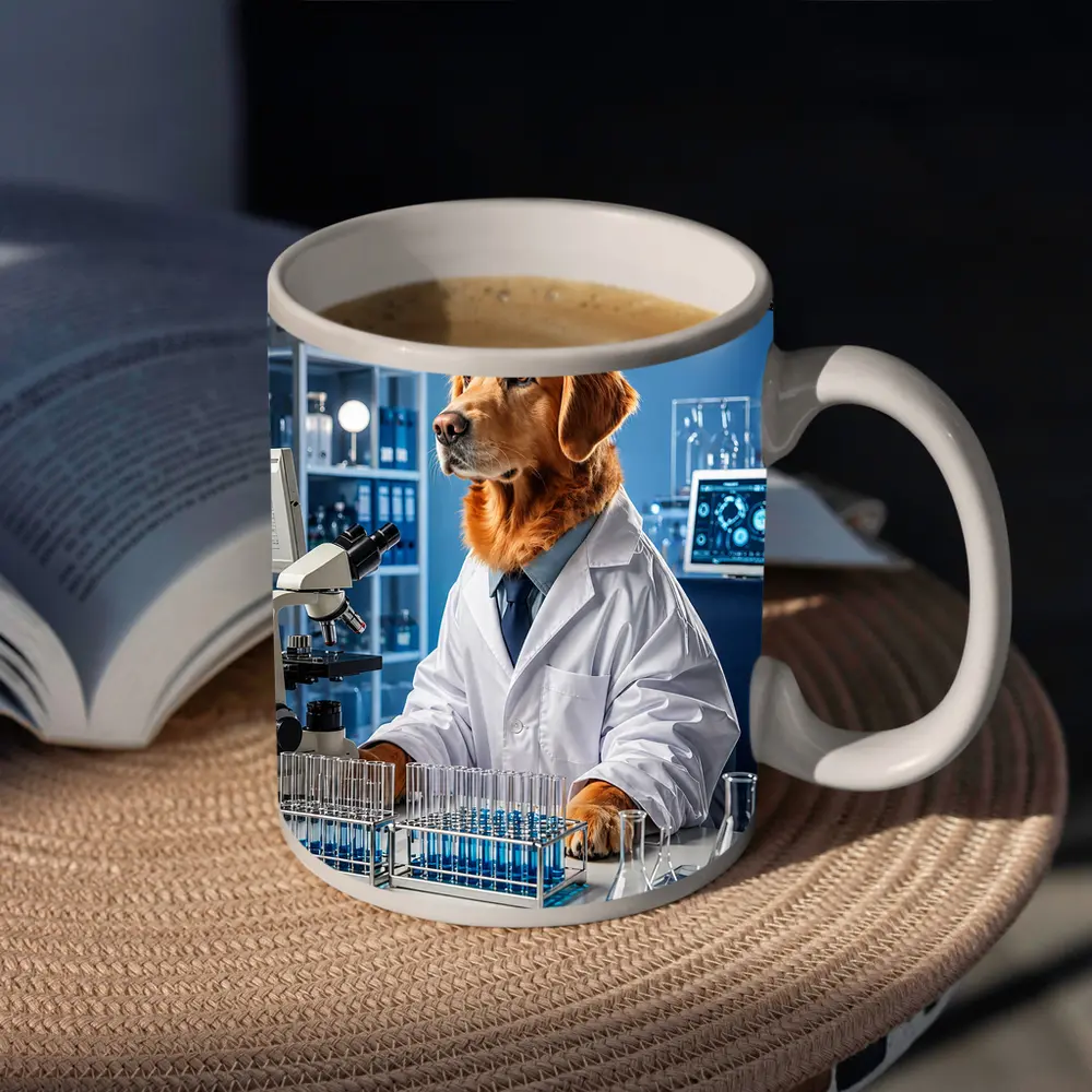Golden Retriever Scientist In Blue Laboratory – Mugs