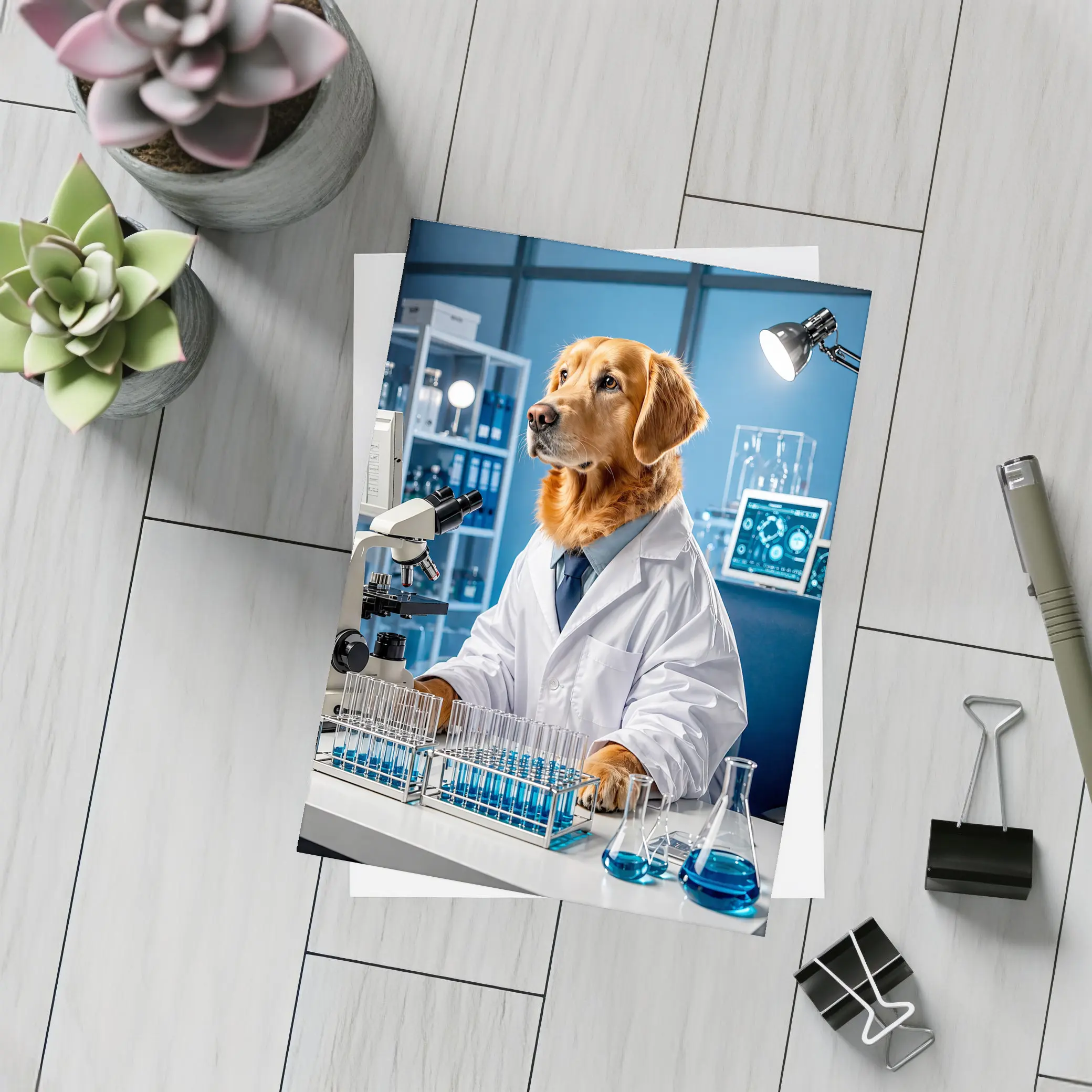 Golden Retriever Scientist In Blue Laboratory – Postcards