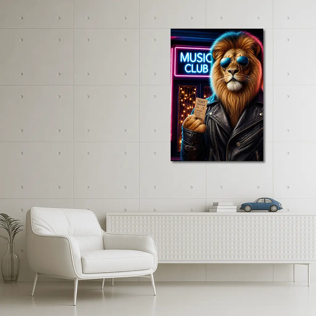 Lion in Leather Jacket at Music Club – Wall Art