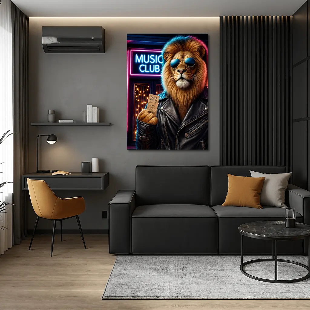 Lion in Leather Jacket at Music Club – Wall Art