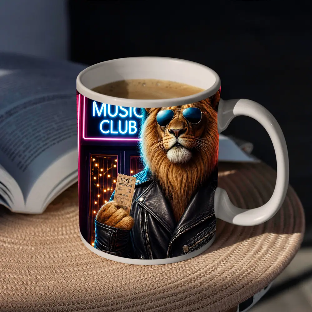 Lion in Leather Jacket at Music Club – Mugs